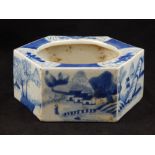 A Chinese blue and white porcelain hexagonal dish, decorated with a river landscape. W.