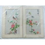 A pair of unframed Chinese silk thread embroideries, songbird and butterflies amongst peonies,