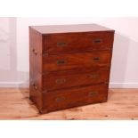 A Victorian style military chest, in two parts with brass corner brackets and bail handles,