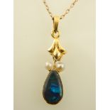 A yellow metal opal and pearl set drop pendant, suspended on a 9ct yellow gold chain.