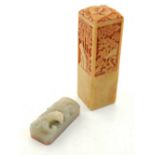 A Chinese rectangular soapstone seal, decorated with panels of stylised flowers, H.