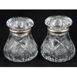 A pair of Spanish silver mounted cut glass jars and star cut stoppers with hobnail bodies. H.