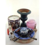 A mixed collection of items, to include a Regimental drum ice bucket, an onyx bowl, a Campana urn,