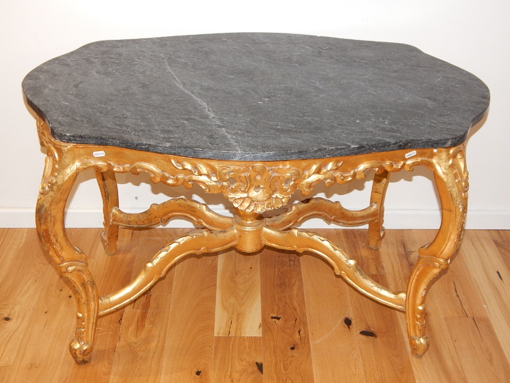 A Louis XVI design giltwood centre table, with black marble top, on cabriole legs with X-stretcher. - Image 3 of 5