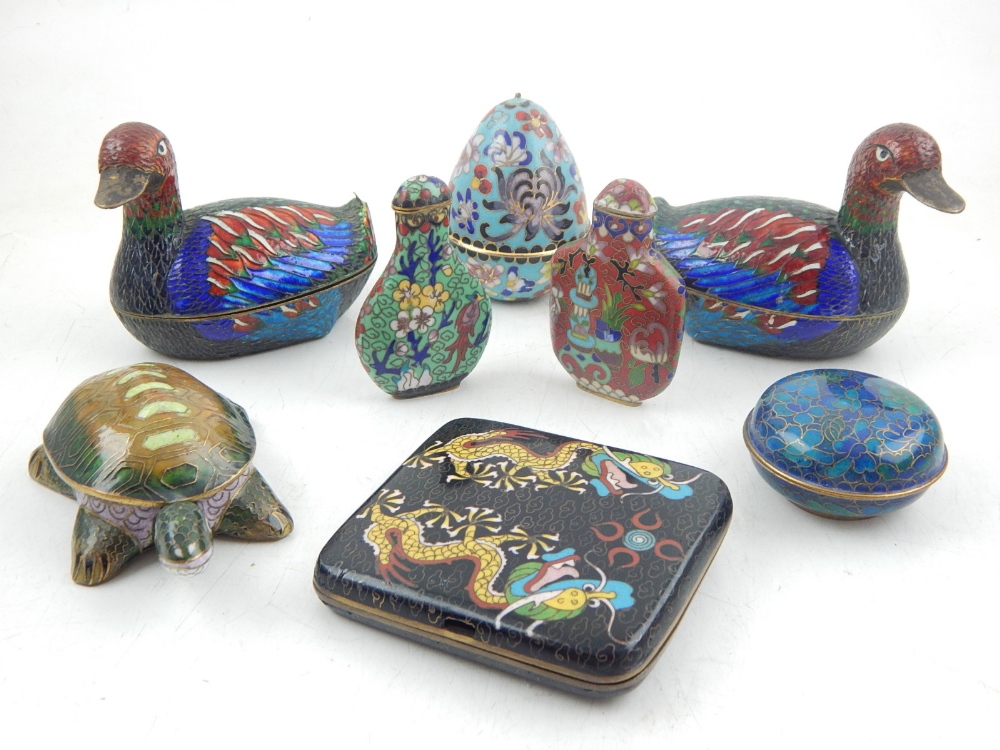 A 20th century cloisonne trinket box modelled in the form of a duck, another similar, a cigarette - Image 2 of 2