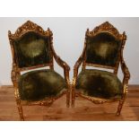 A pair of Louis XVI design gilt framed fauteuil, upholstered in green fabric,