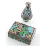 A white metal and enamelled perfume bottle and trinket box.