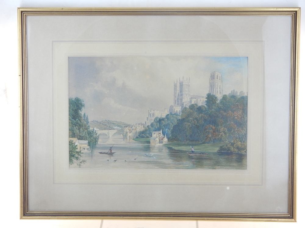 H Reston (Victorian School), Durham cathedral from the river, watercolour on paper, signed dated