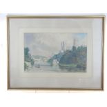 H Reston (Victorian School), Durham cathedral from the river, watercolour on paper, signed dated