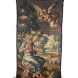 An 18th Century French wall hanging tapestry, depicting a shepherdess visited by an angel.