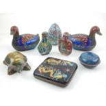 A 20th century cloisonne trinket box modelled in the form of a duck, another similar, a cigarette