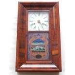 A late 19th century American wall clock, with a rectangular walnut case and reverse painted panel,