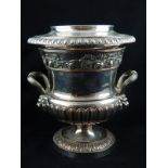 An early 19th century Sheffield plate wine cooler, of campana form, with lion mask twin-handles