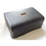 A late 19th century leather bound travelling writing box, inset brass handle, slope, photo frames,