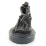 After Rodin, a bronze group study two nudes in a kiss, black marble base, figures. H. 11cm