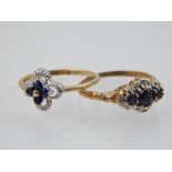 A 9ct yellow gold, sapphire and diamond cluster ring, together with another 9ct yellow gold,