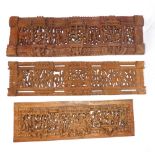 Three late 19th century Indian carved and pierced wooden panels, with depictions of all the major