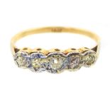 An 18ct yellow gold diamond five stone ring, claw set, total approx 0.5ct