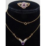 A 9ct yellow gold, diamond accent and amethyst necklace, together with a 9ct yellow gold, diamond