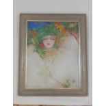 An Art Nouveau portrait, study of a lady with parakeet, watercolour on paper, signature indistinct