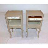 A pair of French style painted bedroom night cabinets, antique finish single drawer, open cabinet,