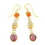 A pair of 14ct yellow gold, tourmaline, hassanite and rose garnet drop earrings.