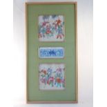 Two framed set of Chinese tiles, studies of men in procession with horses, dragons, lanterns and