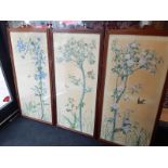 A late Victorian mahogany three fold screen, inset painted silk panels, depicting fruits and