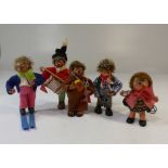 A group of five Steiff style Mecki, Micki hedgehogs, two bearing Peter Austria plastic tags; Friar