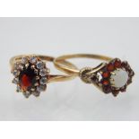 A 9ct yellow gold, garnet and white sapphire cluster ring, together with a 9ct yellow gold, garnet