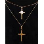 9ct yellow gold and diamond cross pendant, suspended on a 9ct chain, a 9ct yellow gold cross pendant
