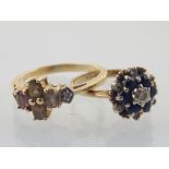 A 9ct yellow gold, white and blue sapphire cluster ring, together with a 9ct tourmaline ring.