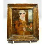 A late 18th / early 19th century reverse glass painting, study of a lady with lace trim hat, showing