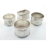 Four silver napkin rings, Art Deco and later, various hallmarks.