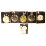 A collection of five Ingersoll pocket watches, dials of various colours, and an Ingersoll fob watch.