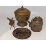 A Chinese terracotta teapot, pewter mounted with fish, frogs and flowers, H.