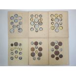 Coin interest, six cards from 19th C book with copy studies of ancient world coins.