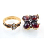 19th C 18ct gold mourning ring, plat and pearl decoration, and a mourning brooch with garnets.