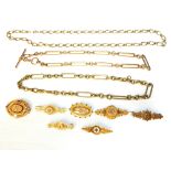 Six 9ct gold brooches, and other costume jewellery and chains.