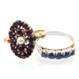 Ruby and pearl cocktail ring on 9ct gold band,