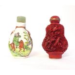 Chinese pear shape snuff bottle, red cinnabar lacquer style, bird and tree decoration,