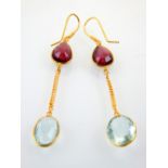 Pair of contemporary earrings, aquamarine and garnet,