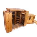 Mexican pine wrought iron mounted wine cabinet, folding top,