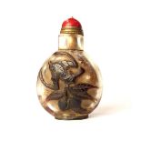 Peking glass snuff bottle, bats and pomegranates, carved in relief, jade stopper, 4.