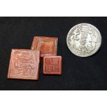 Chinese soapstone seal, held in a hardstone case, the cover decorated with a dragon,