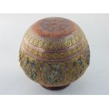 An Indian copper and brass ghee pot of compressed globular form,