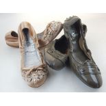 Pair of Tods olive patent leather ballerinas, pair of Miu Miu pink ballerinas,