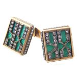 Pair of fine Faberge 14ct gold lozenge cufflinks with diamond designs on an enamelled field,