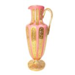 19th C French Bohemian pink overlayed glass with gilt enriched panel on a socle base