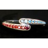 Blue topaz and garnet silver hinged bracelet,